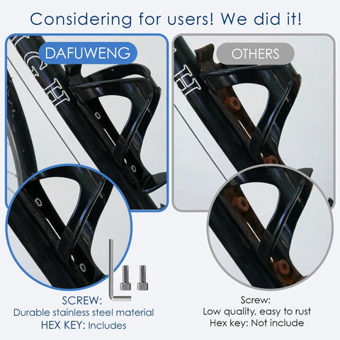 Comparison of two pack bike water bottle holders for road and mountain bikes with rust-proof screws included, showing durability.