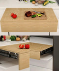 Kick Clutter To The Curb With Adjustable Countertop Extension Slide Rail System Hidden Lift Platform Push Pull Table Add On Heavy Duty Drawer Organizer Setup, 52cm wooden slide rail with tomatoes and cutting board.