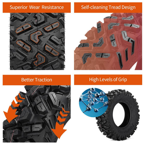 Beefed Up All Terrain ATV UTV Tires 25X10-12 6PR tubeless set of 2, showing tread pattern, puncture resistance, and grip features.