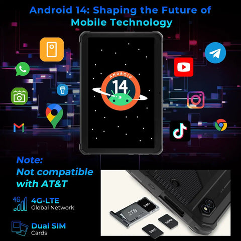 Heavy Duty Rugged Tablet Running Android 14 With Octa Core Muscle And A Vivid Ten Point One Inch Display showcasing apps and SIM card slots.