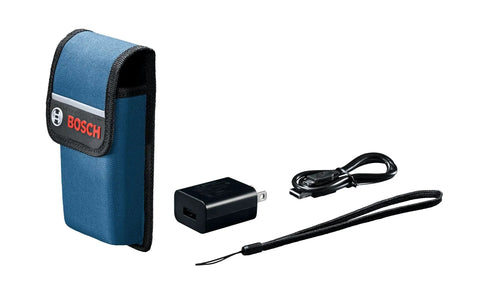 Beast Of A Blaze Outdoor Connected Laser Measure accessories with case, charger, USB cable, and strap displayed.