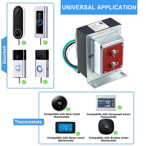 Doorbell Transformer 24V 40VA For Ring Doorbell, UL Listed Wired Kit with compatibility icons for smart thermostats and doorbells
