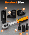Pro Grade Oxygen Sensor Socket Set With Quick Release Ratchet, 7/8 Inch Offset Sockets, 3/8 and 1/2 Inch Drives, tools on gray background.