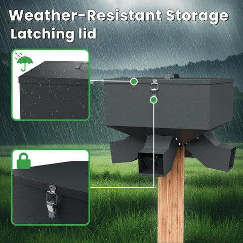 Heavy Duty Gravity Deer Feeder Rock Solid 80 Pound Capacity Automatic Hunting Box with weather-resistant latching lid.