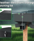 Hella Durable Metal Gravity Deer Feeder With Eighty Pound Capacity And Four Wide Feeding Ports Weather Proof Build shows weather-resistant lid.