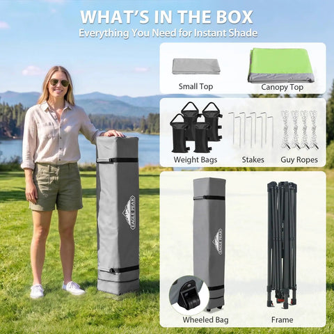 Woman with 13x13 Straight Leg Pop Up Canopy Tent No Fuss One Person Setup, 169 Sq Ft Shade, Auto Extending Eaves bundle contents
