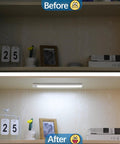 Before and after installation of Under Cabinet Motion Sensor Lights 3 Pack Magnetic Rechargeable Bar for improved cupboard lighting.