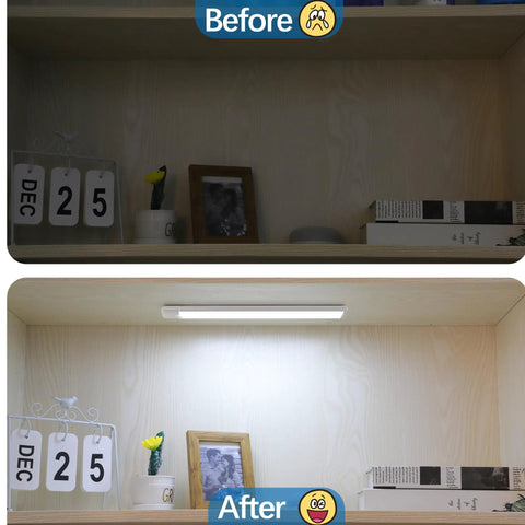 Before and after installation of Under Cabinet Motion Sensor Lights 3 Pack Magnetic Rechargeable Bar for improved cupboard lighting.