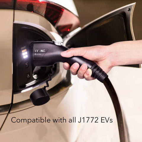 Level 1 EV Charger 120V 15 Amp With 16 Ft Extension Cord and J1772 Cable ETL Certified Portable Plug In Charger in use