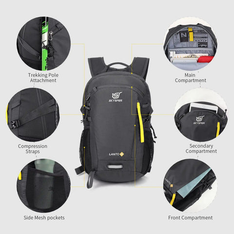 20L Lightweight Hiking Backpack for Men and Women, Daypack for Travel and Outdoor Adventures, detailing compartments and features.