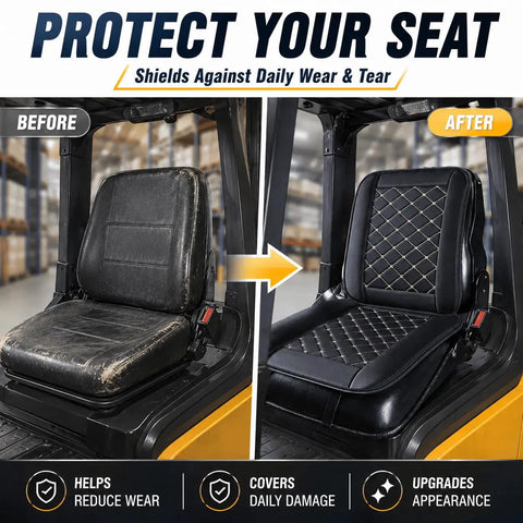 Before and after shot showing Heavy Duty Forklift Seat Cushion Features Breathable Mesh Core And Plush Padding Built Tough For Shop Floors Fits Cat Dp Gp Models 2008 To 2011 Keeping Your Back Happy On Those Long Loading Runs In Beige.