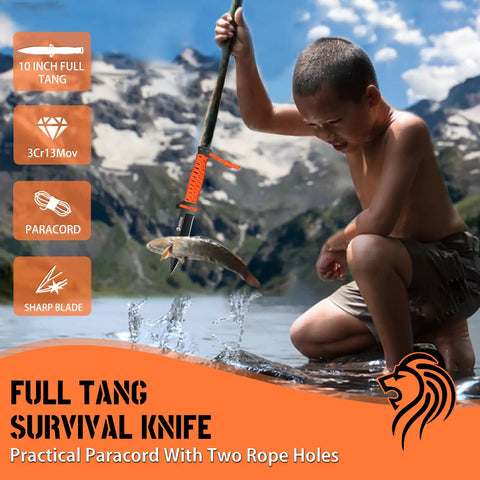 Young boy fishing with a spear using a 15 Inch Machete And 10 Inch Camping Axe Hatchet Knife Set For Outdoor Survival