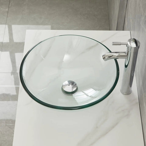 Round Tempered Clear Glass Bathroom Vessel Sink Basin With Faucet And Pop Up Drain Modern Minimalist Vanity Accent Bright