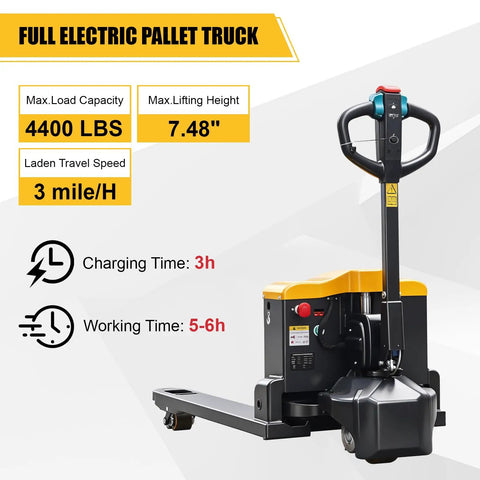 Heavy-Duty 4400 Lb Full Electric Pallet Jack With 48 Inch Forks Perfect For Moving Big Loads In Warehouses And Loading Docks Like A Pro, displaying specs.