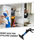 Heavy Duty Telescopic Cabinet Lift Jack With Adjustable Support Pole For Quick Wall Setup and Rock Solid Furniture Raising In Kitchens Bathrooms Or Garages, shown in use during cabinet installation.