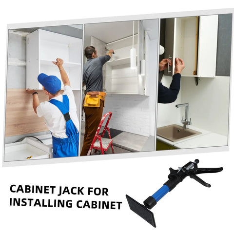 Heavy Duty Telescopic Cabinet Lift Jack With Adjustable Support Pole For Quick Wall Setup and Rock Solid Furniture Raising In Kitchens Bathrooms Or Garages, shown in use during cabinet installation.