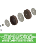 Exploded view of leather pistons and steel washers for 30 Oz Bulk Caulking Gun With 12 To 1 Drive, showcasing assembly components.