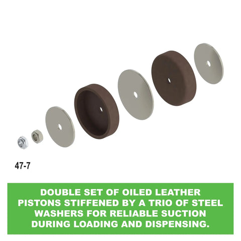 Exploded view of leather pistons and steel washers for 30 Oz Bulk Caulking Gun With 12 To 1 Drive, showcasing assembly components.