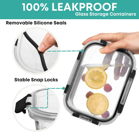 Hands holding glass container with lemons inside, displaying removable silicone seals and snap locks for airtight closure.