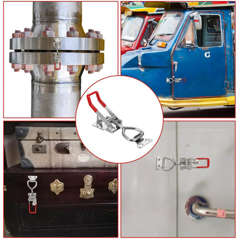 Heavy Duty Toggle Latch Clamp Set With Lock Holes, 304 Stainless Steel attached to pipe, vehicle, toolbox, and door.
