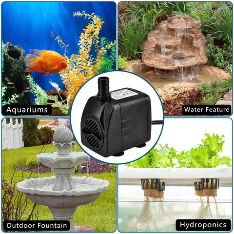 Whisper Quiet Submersible Fountain Pump 220 GPH for ponds, aquariums, water features, hydroponics with adjustable flow.