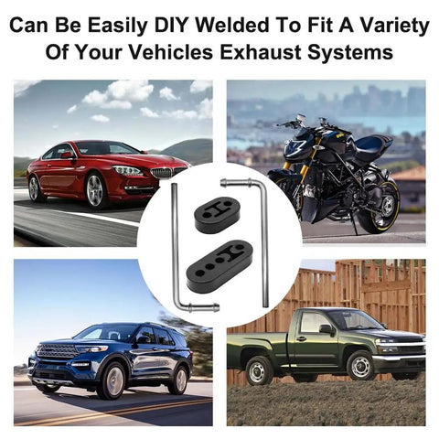 Heavy Duty Exhaust Hanger Rod Set 9 Inch 90 Degree Steel with cars and motorcycle, 2 and 4 hole insulators displayed