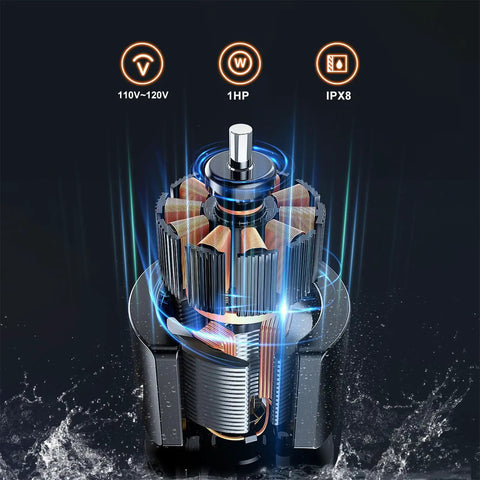 Close-up of Submersible Sump Pump 1HP 3700GPH motor with specifications 110V-120V, 1HP, IPX8 for water removal