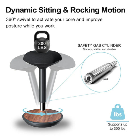 Diagram of Active Sitting Wobble Stool for Standing Desk with ergonomic features and 300lbs capacity, walnut finish