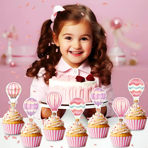 Girl with cake and 36 Pink Hot Air Balloon Cupcake Toppers For Girls Birthday Party Decorations Adventure Awaits Baby Shower Decor