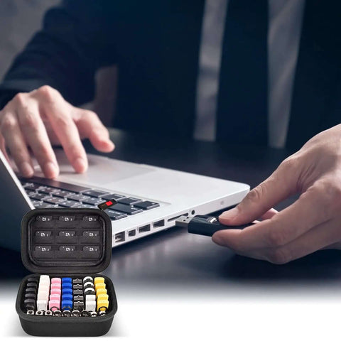 Slick Heavy Duty Foam Carry Case For Forty Four Usb Sticks And Nine Sd Cards with USB stick connecting to laptop.