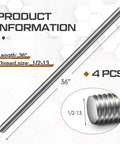 Stainless steel threaded rods, four 36-inch long, 1/2-13 right-hand threads; diagonal side view with end close-up.