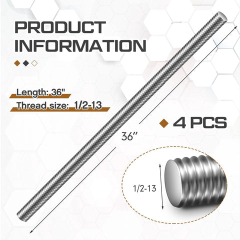 Stainless steel threaded rods, four 36-inch long, 1/2-13 right-hand threads; diagonal side view with end close-up.