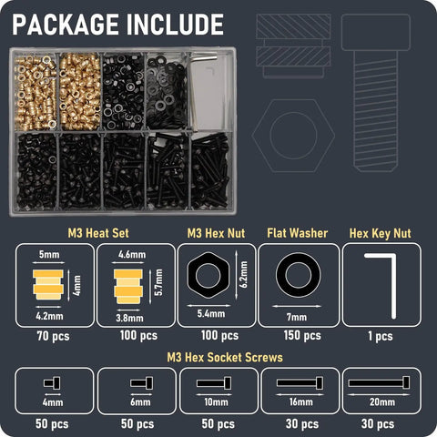 M3 Fasteners Kit For 3D Printing With Heat Set Inserts Hex Nuts Washers And Socket Head Cap Screws 630Pcs In One Organized Plastic Box