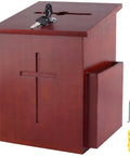 Built Tough Wooden Donation Box Keeps Church Offerings And Prayer Notes Totally Secure With Dual Keys And Smooth Hinged Lid Featuring Dark Mahogany Finish.