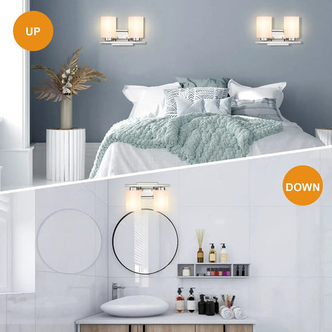 Two-Light Bathroom Vanity Fixture With Frosted Glass Shade on wall in bedroom and bathroom settings, brushed nickel finish