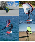 Collage of people using Inflatable Windsurfing Wing For Windsurfing Wing Foil And Handheld Kite Surfing For Surf And Snow Skiing