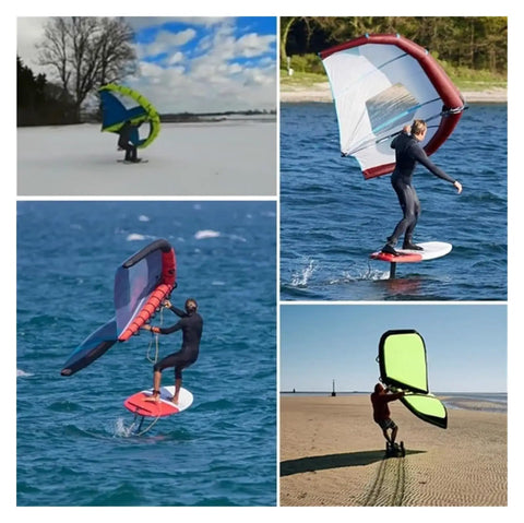 Collage of people using Inflatable Windsurfing Wing For Windsurfing Wing Foil And Handheld Kite Surfing For Surf And Snow Skiing