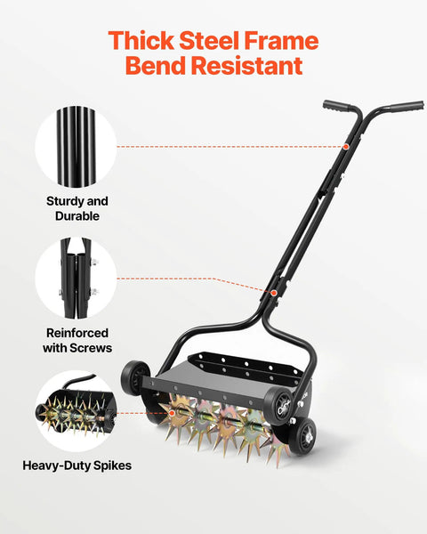 18 Inch Manual Push Spike Aerator With Four Wheels For Lawn Health, featuring thick steel frame and heavy-duty spikes.