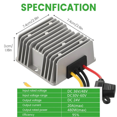 Side view of Beefy 30V To 60V Input 24V 20A Buck Converter Module 480W Waterproof Power Regulator With Fuse For Golf Carts
