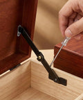 Installing Two Pack Bronze Lid Support Hinges For Jewelry Boxes And Small Chests Antique Folding Lid Stays on a wooden box with screwdriver.