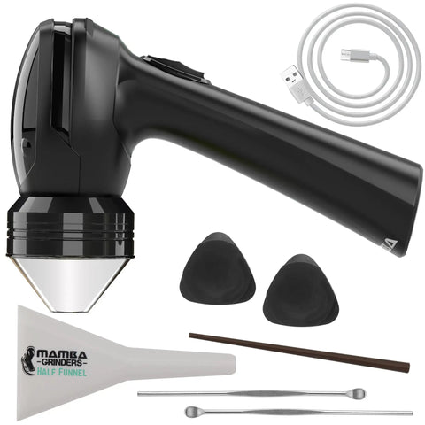 Electric Spice Grinder For One Handed Use USB Rechargeable Mini Grinder shown with accessories and USB cable