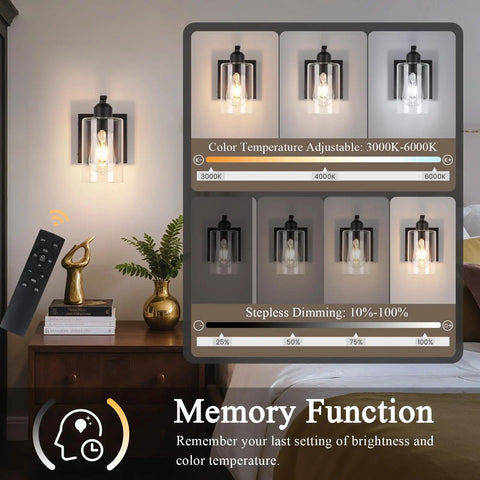 Set Of Two 8 Inch Battery Wall Sconces With Clear Glass, Farmhouse Indoor Lighting, 4000k Neutral White, Rechargeable Remote Dimmable Fixtures featuring adjustable color temperature.