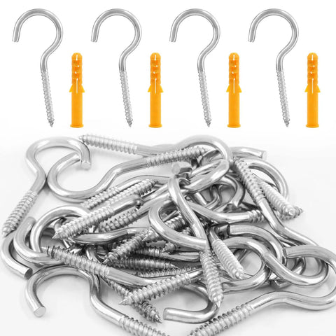 Built Like A Tank M4 X 50Mm Stainless Steel Screw Hooks, 2 Inch Heavy Duty Eye Bolts With Wall Plugs, Rust Proof Hanging Hardware For Shop Rigs And Basement Storage, 24 Pack Solid As A Rock, set of stainless steel eye hooks and wall plugs.