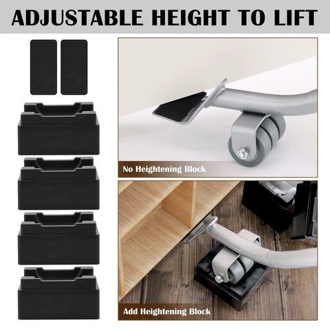 Heavy Duty Furniture Lifter Tool With Sliders And Wheels For Moving Heavy Sofas Refrigerators And Washing Machines Safe To Lift And Roll With Four Raise Blocks And One Lifter Tool Durable Metal Grey shown lifting furniture with height adjustable raise blocks.