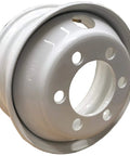 White Steel Wheel 17.5x6.75 For Beefy Heavy Duty Trailers, 6 Lug 8.75 Inch Bolt Circle, two handholes visible from side angle