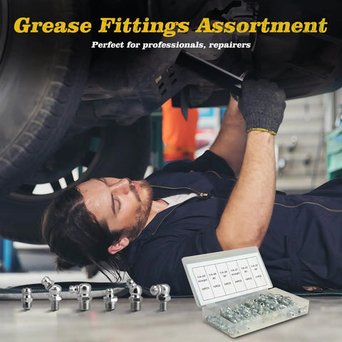 Beefy Pro Grade Heavy Duty 60 Piece Galvanized Steel Grease Fittings Set with SAE zerks for automotive maintenance, toolbox shown.