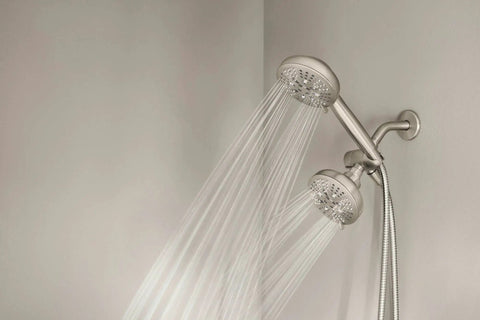 High Pressure Dual Shower Head With Handheld Spray 3 Way Diverter Spot Resist Brushed Nickel Finish in action, water flowing