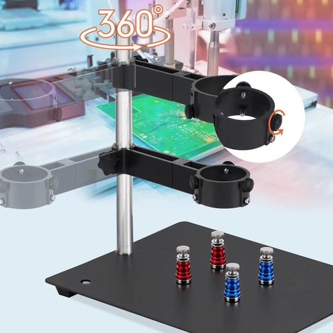 Hot Air Gun Holder with four flexible magnetic columns and dual adjustable clamps for PCB rework soldering on a black base