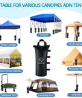 Heavy Duty Sand Bags for Canopy Legs with 800D Oxford Fabric shown anchoring various tents and umbrellas