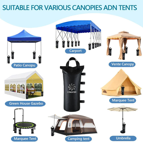 Heavy Duty Sand Bags for Canopy Legs with 800D Oxford Fabric shown anchoring various tents and umbrellas